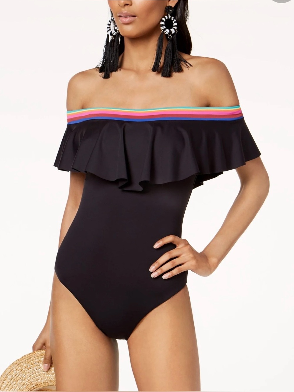 Trina Turk Off-Shoulder Black One-Piece Swimsuit with Rainbow Trim size 8